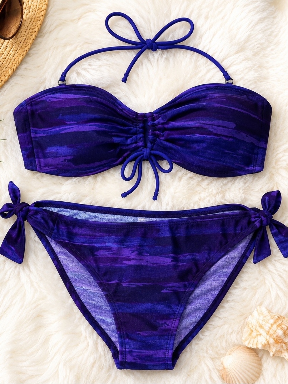 Exhilaration Purple Bandeau Bikini Set Tie Side Swimsuit Watercolor Print